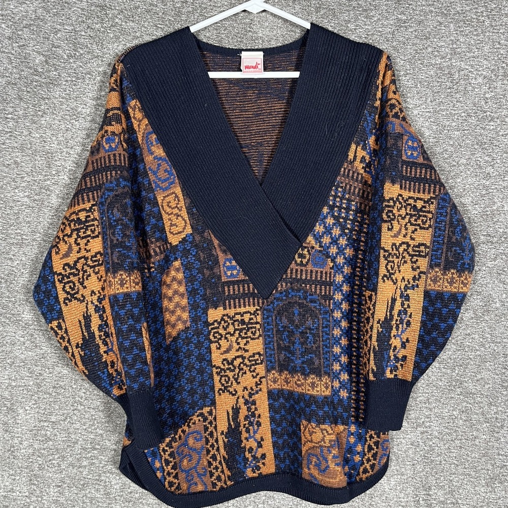 Vintage Mondi Sweater Womens‎ Medium Blue Brown Abstract Knit West Germany 80s